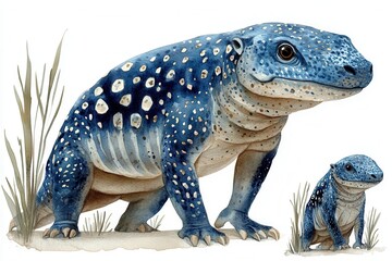 Obraz premium A whimsical illustration of blue-spotted amphibians in a natural setting.
