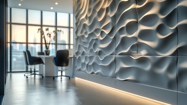 A modern office with textured paper used as wall decor, subtle patterns and lines creating a sophisticated and artistic backdrop for minimalist furniture.