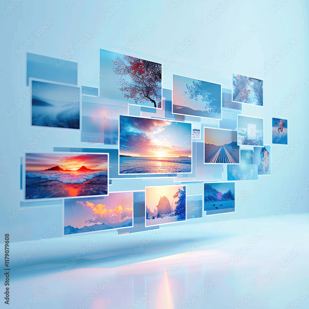 Poster 3d rendering of various images on a horizontal table, floating in the air. the background is white w