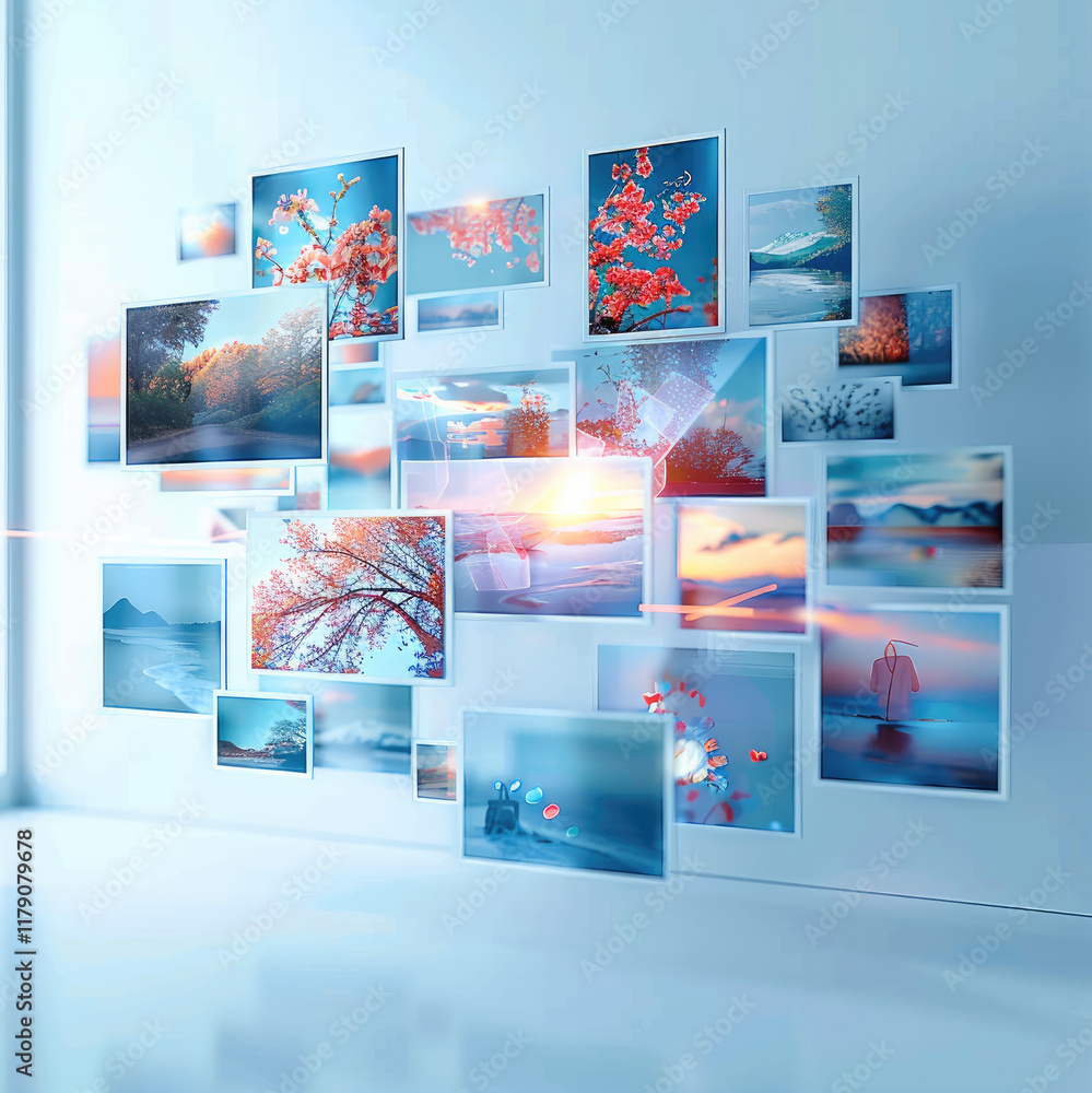 Poster 3d rendering of various images on a horizontal table, floating in the air. the background is white w