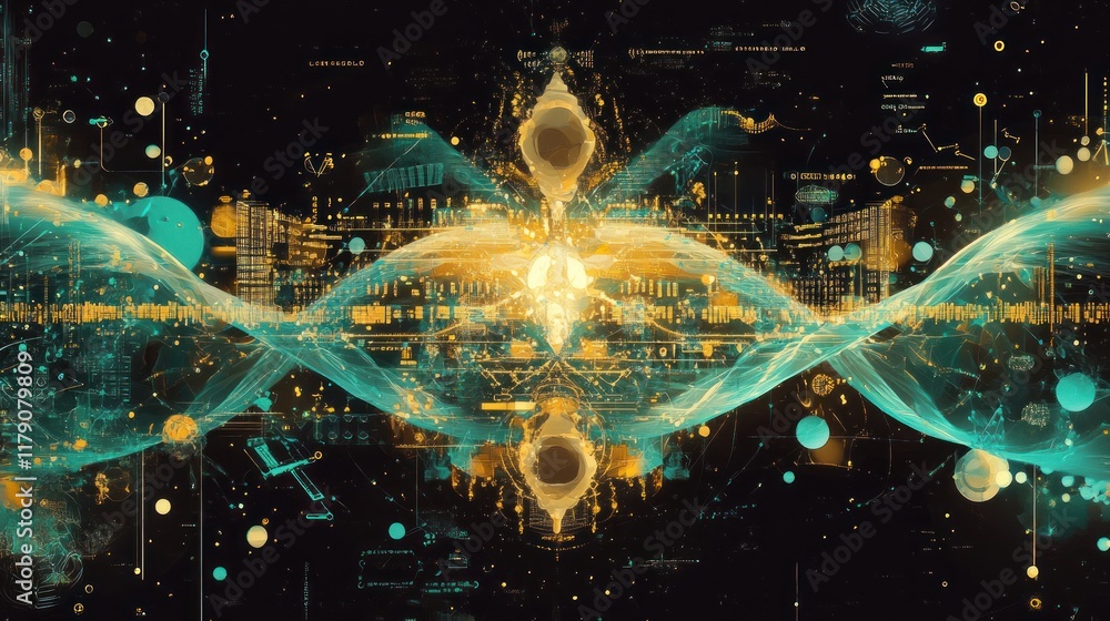 Poster abstract digital art depicting a symmetrical, glowing waveform with integrated data visualizations.