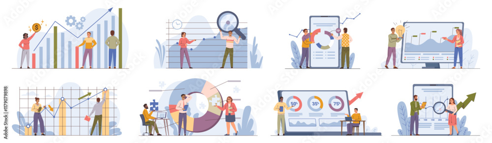Poster Small people working with big graphs and charts. Vector employees analyzing and discussing personal or company budget. Office workers study infographics, management and monitoring, business negotiatio