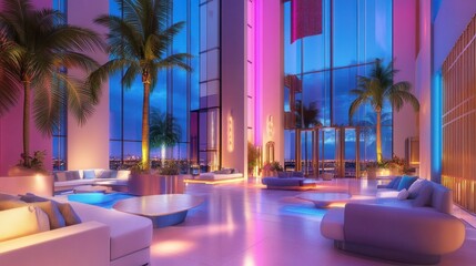 Naklejka premium Luxurious high-rise lobby with vibrant neon lighting, palm trees, and modern furniture at dusk.
