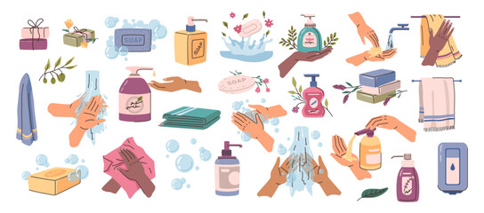 Personal hygiene products collection. Vector isolated paper and textile towels, solid and liquid plant based soaps. Natural and organic cleansing and handwashing. Health care and well being