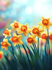 Blurred. Bright and colorful flowers of daffodils on the background of the spring landscape