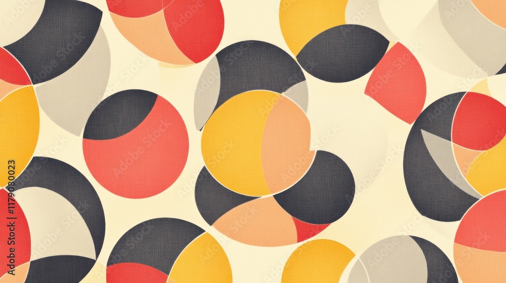 Poster abstract geometric pattern with overlapping circles in red, yellow, gray and beige.