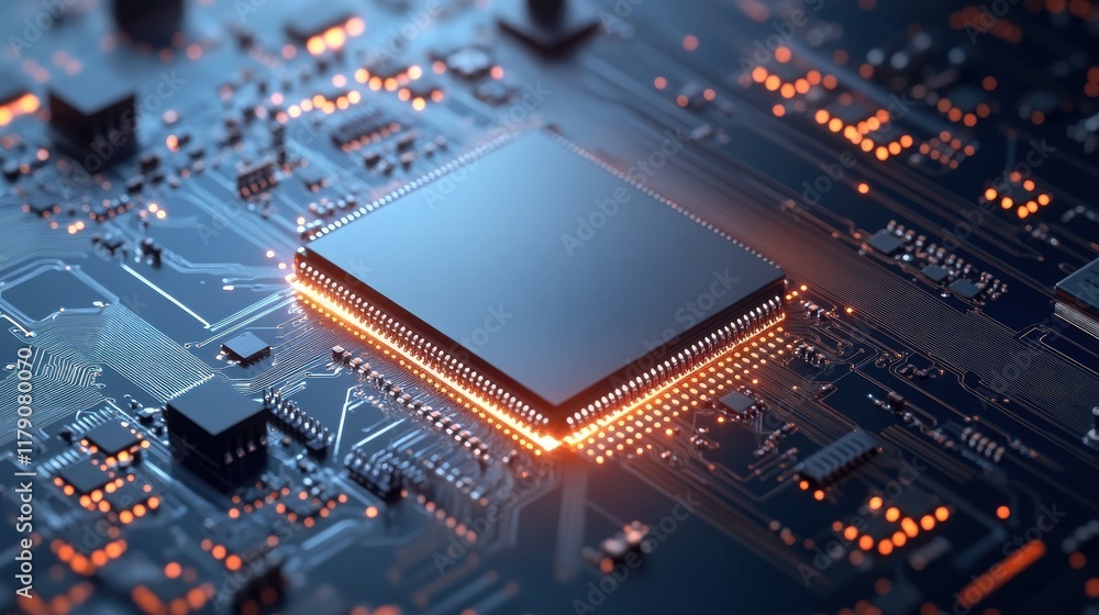 Poster abstract circuitry. technology of electronic computer hardware on a background of circuit board