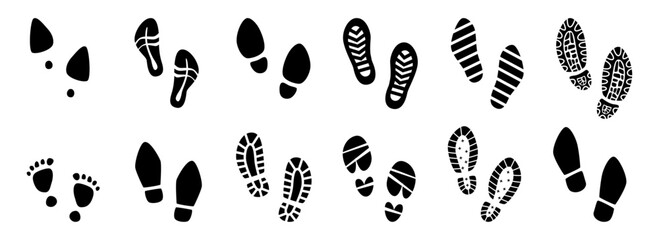 Various human footprints, isolated women and men footmarks collection. Vector male and female tracks in grunge style. Set of step symbols. Barefoot and stilettos, sneaker and shoes footsteps