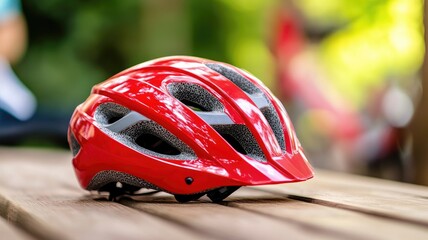 Fototapeta premium Red and black bike helmet on wooden surface outdoors