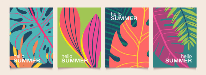 Abstract summer background with tropical leaves. Modern minimalist templates for poster, card, party, celebration, banner, cover. Vector illustration.
