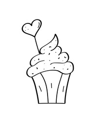 Cupcake and hearts doodle icon. Concept of Valentine's day, a romantic evening. Vector illustration on a white background.