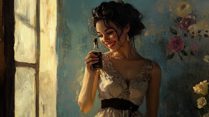 Obraz premium Smiling woman in vintage dress examines small bottle by sunlit window.