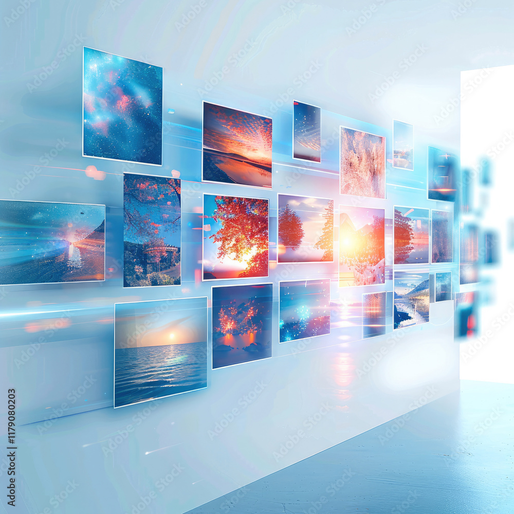 Poster 3d rendering of various images on a horizontal table, floating in the air. the background is white w