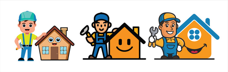 Set of worker with house