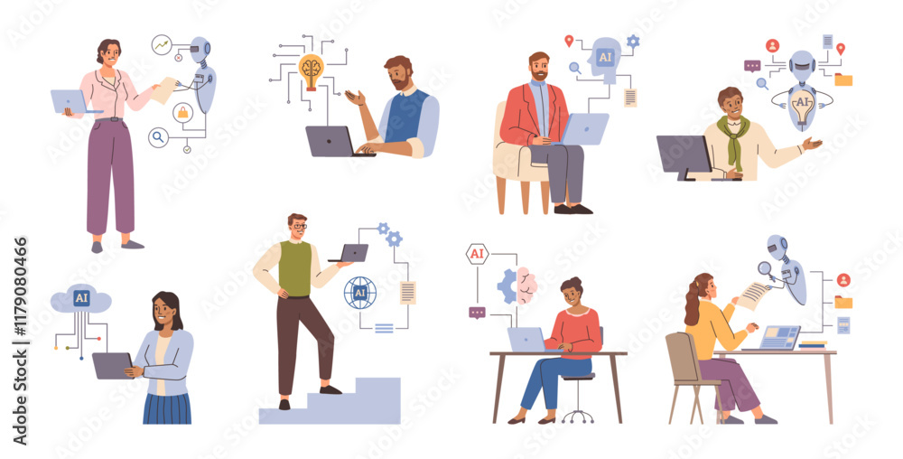 Poster People working with ai, automation data insights and customer experience. Vector analytics and bots, customer service tools and metrics. Business mechanization and networking, cloud computing