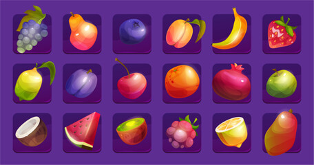 Slot gambling machine badges, vector in flat style. Exotic fruits in rows for game UI design. Mango and pear, banana and coconut, apple and pomegranate, watermelon and lemon, plum and raspberry