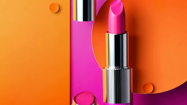 Pink and orange background with a lipstick on it. The lipstick is pink and has a white tip