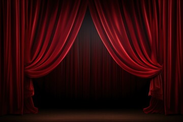 Elegant Red Velvet Curtains Pulled Back to Reveal Dark Stage Setting with a Luxurious Feel and Theater Ambiance