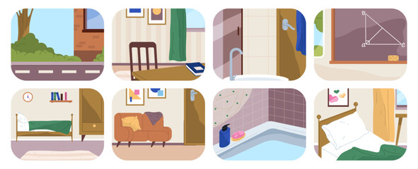 Furnished and decorated rooms set, home interior design. Vector in flat style, bedroom and living room with cozy atmosphere, classroom and kitchen, bathroom and bathtub with water, house view