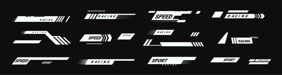 Naklejka premium Racing cars and race vehicles stripes for design and decor. Vector in flat style, isolated set of formula 1 stickers. Badges with wording or slogan, motocross labels or logotypes for winners