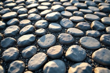 Obraz premium Natural cobblestone stones on the ground in a dense formation, rough, stone