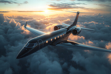 Modern black business jet in the clouds at sunset