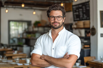 Fototapeta premium A handsome man in a white shirt and glasses, standing with his arms crossed at a restaurant
