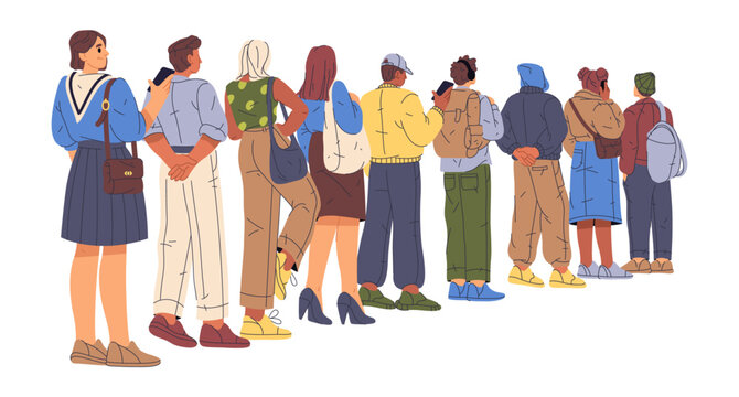 Back view of people standing in line. Vector in flat style, isolated characters patiently waiting in line. Men and women in crowd in row, queue of personages talking and chatting on phones