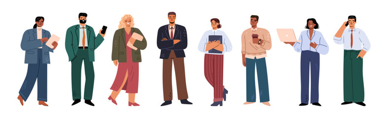 Managers and leaders in formal clothes. Vector in flat style, isolated business character set. Successful entrepreneurs and secretaries, assistants and consultants with papers, talking on phone