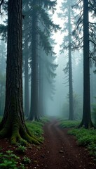 Obraz premium Foggy forest floor amidst giant spruce trees trunks, natural environment, , woodland