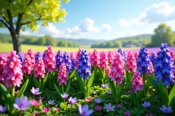 Obraz premium Spring garden landscape featuring a patch of hyacinths, landscape, field