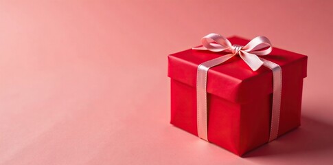 Obraz premium Gift box wrapped in red paper with a small white ribbon, festive look, red paper