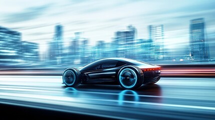 Fototapeta premium An autonomous self-driving car navigates a city highway, utilizing sensors to scan the road ahead for vehicles and speed limits