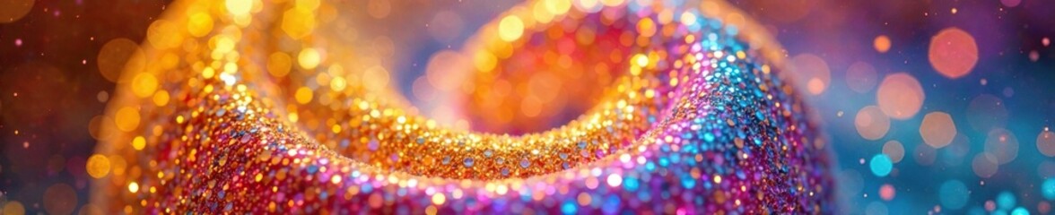 Iridescent colors morphing into a glittery spiral shape within a shimmering gold background, sparkling, colorful