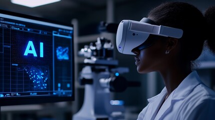 Female Scientist Using VR Headset Exploring the Possibilities of Artificial Intelligence in a Lab