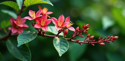 Branches of Fagraea congestiflora with leaves and flowers, flower clusters, branches, plant details