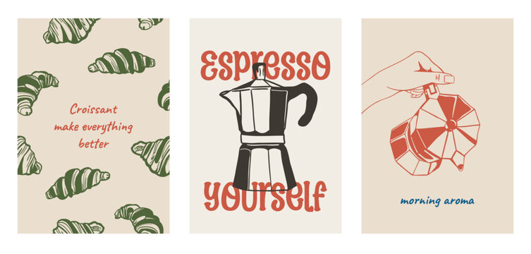Set of posters with hand drawn coffee and croissant, quotes about coffee, illustration in minimalist ink drawing style