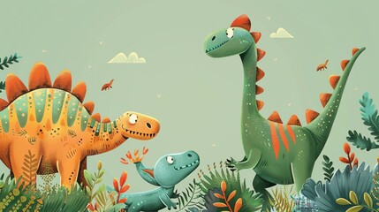 An illustration of three cartoon dinosaurs in a jungle.