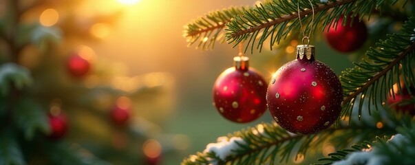 Twinkling red ornaments dance on sunlit pine branches, holiday season, ornaments, warm sunlight