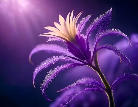 Vibrant Purple Flower Blooming Elegantly Under Soft Sunlight with Dew-Kissed Petals, Showcasing Nature's Radiant Beauty and Delicate Charm
