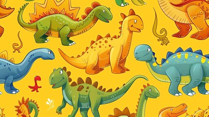 A bright yellow background with a repeating pattern of colorful cartoon dinosaurs.