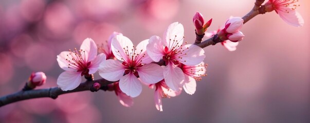 Obraz premium Delicate Prunus petals on bare branches in soft focus, delicate petals, gentle bloom, flower detail