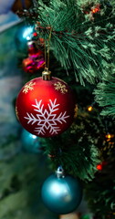 Christmas toys on an artificial Christmas tree close-up