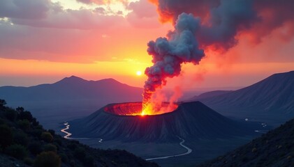 Fototapeta premium Smoke rising from a volcanic crater at sunset, smoke, wilderness, atmosphere