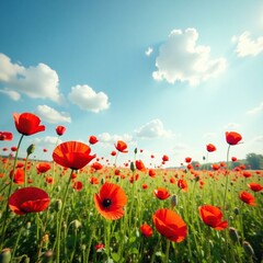 Naklejka premium A field of poppies swaying gently in the breeze, wildflowers, rustic charm, abstract expressionism