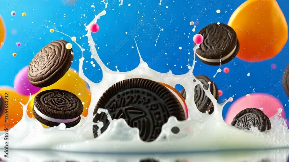 Poster Close up of a cookie with milk dripping from it. The cookie is surrounded by a colorful background with many other cookies scattered around. Concept of fun and playfulness