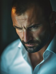 Fototapeta premium Portrait focused business man raising head to camera in blurred interior. Closeup serious man face looking down indoors. Attractive top manager thinking in dark background.