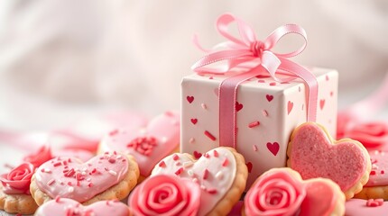 Heart-Shaped Cookies and Pink Gift: A Romantic Valentine's Day Delight
