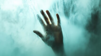 Fototapeta premium Marco hand waving behind frosty glass. Female fingers sliding on glass surface indoors. Abstract defocused woman hand making fist in smoggy studio. Disappearing blurred fist in horror scene.
