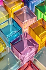 Colorful glass blocks arranged in an abstract pattern casting vibrant reflections on a pastel background